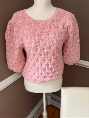 Cyrus Pink Textured Puff-Sleeve Crewneck Sweater
